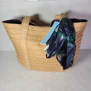 Draper James Woven Straw Tote Bag With Floral Scarf Accent & Navy Interior